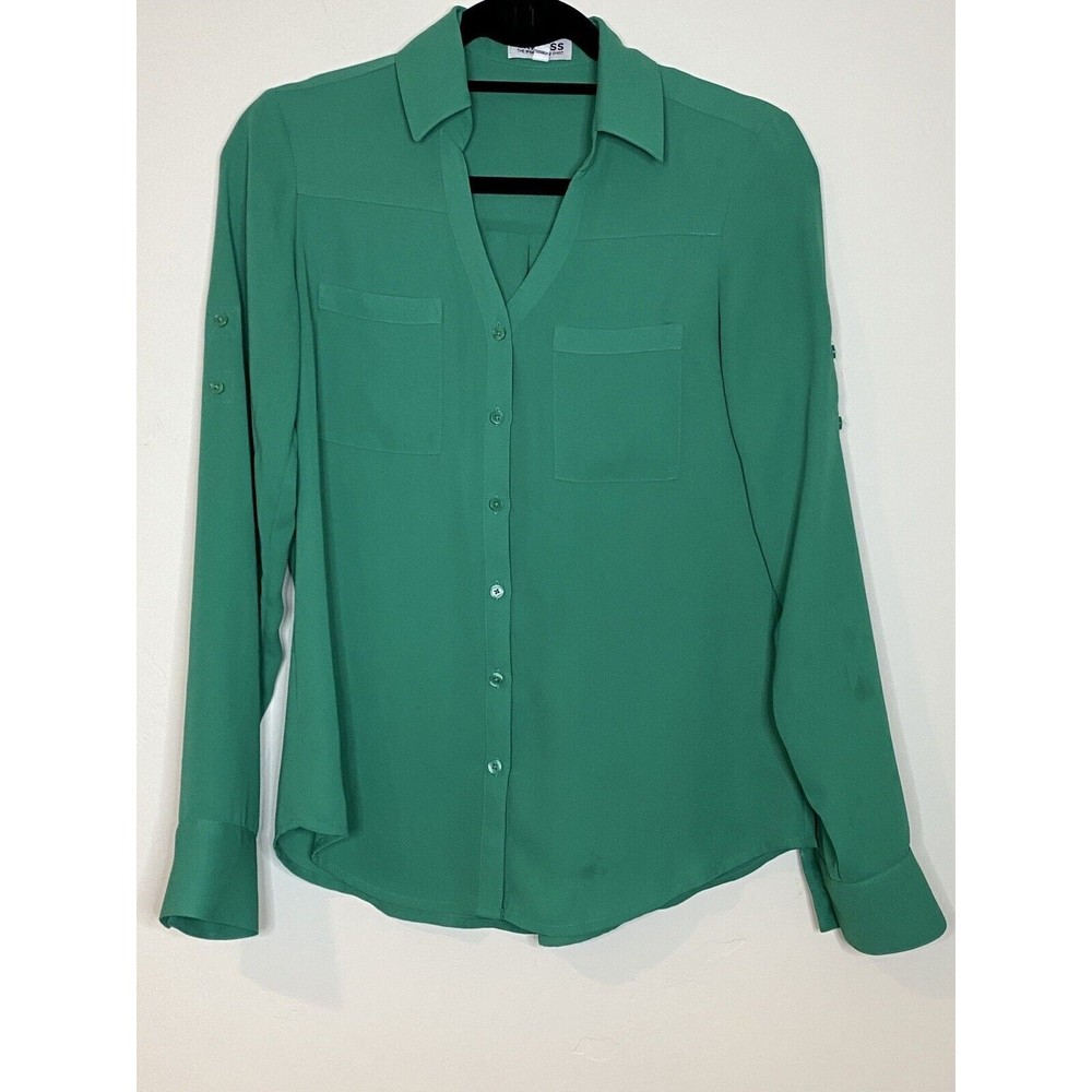 Express Women's Portofino Kelly Green Roll Tab Sleeve Button Down Blouse XS
